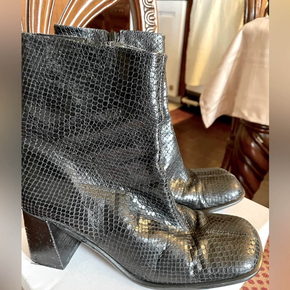 BLACK SNAKE SKIN BOOTS WITH SIZE ZIPPERS AND 3” BLOCK HEELS MADE IN ITALY